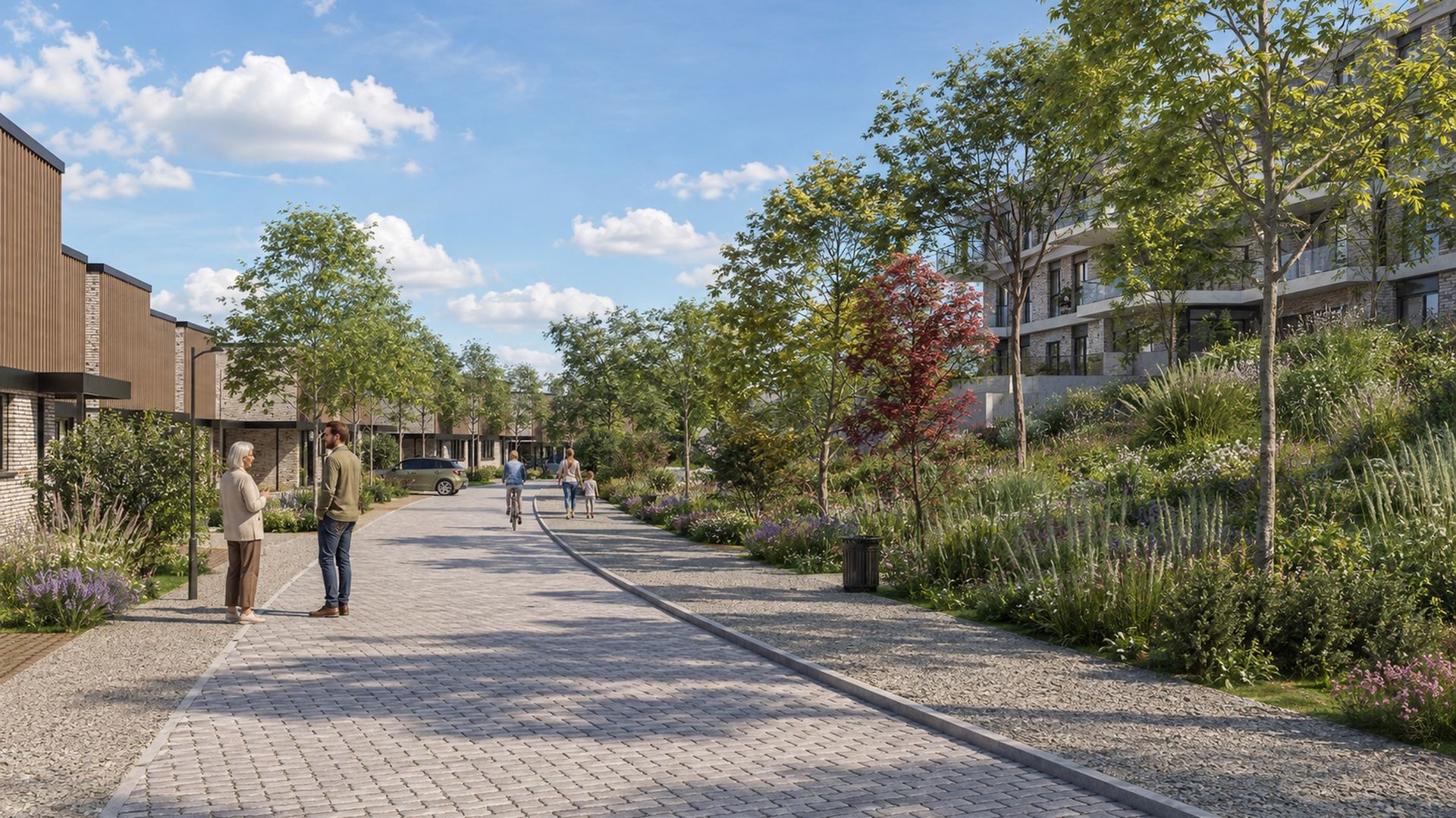Simulation du projet Clos du Bois : appartements et maisons le long d’une promenade paysagère